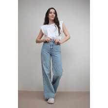 Ramrod Kadın Mavi Kar Yıkamalı  Wide Leg Jeans Salaş  Bol Paça  Kot Pantolon