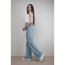 Ramrod Kadın Mavi Kar Yıkamalı  Wide Leg Jeans Salaş  Bol Paça  Kot Pantolon