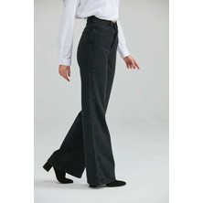 Ramrod  S.e.r.e.n.i.t.y. Solmaz Siyah Likralı  Bol Paça Jean - Salaş Wide Leg Kot Pantolon (Süper Yüksek)