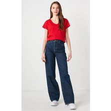 Ramrod Koyu Mavi Bol Paça Likralı Kadın Yüksek Bel Bol Paça Denim Kot Palazzo Pantolon