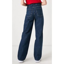 Ramrod Koyu Mavi Bol Paça Likralı Kadın Yüksek Bel Bol Paça Denim Kot Palazzo Pantolon