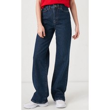 Ramrod Koyu Mavi Bol Paça Likralı Kadın Yüksek Bel Bol Paça Denim Kot Palazzo Pantolon