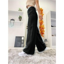 Livik Kadın  Siyah Yüksek Bel Likralı Bol Paça  Kot Pantolon- Wide Leg