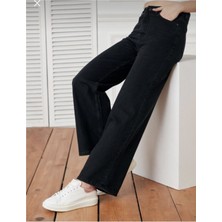 Livik Kadın Siyah Yüksek Bel Geniş Paça Wide Leg Kot Pantolon