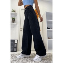 Trn JNS Siyah Salaş Likralı Wide Leg Jeans  - Salaş Süper Yüksek Belli Likralı Kot Pantolon