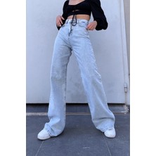 Livik Abella Likralı 90's Kadın Mavi Kar Süper Yüksek Bel Bol Paça Denim Kot Palazzo Pantolon