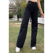 Trn JNS Trn JNS Kadın Siyah Süper Yüksek Bel Bol Paça Jeans - Likralı Wide Leg Kot Pantolon