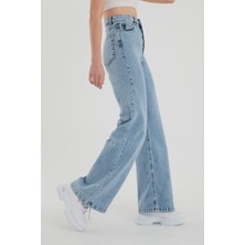 Ramrod Kadın Mavi Kar Yıkama Süper Yüksek Bel Likralı Bol Paça Denim Kot Pantolon