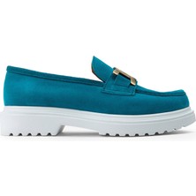 Deery Hakiki Süet Turkuaz Tokalı Loafer Kadın Ayakkabı