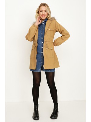 Select Moda Kadın Parka Uzun Kol Kahverengi Kürk Kapüşonlu %98 Pamuk Su Geçirmez Tasarım