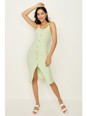 Select Moda Kadın Askılı Düğme Detaylı Ön Yırtmaçlı Midi Elbise