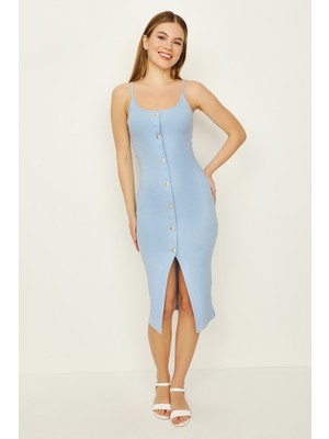 Select Moda Kadın Askılı Düğme Detaylı Ön Yırtmaçlı Midi Elbise