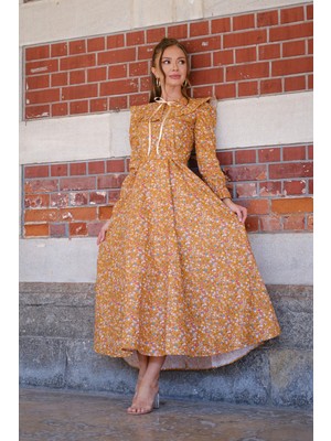 Küçüğüm Butik Uzun Kollu Vintage Seyyar Yakalı Hardal Çiçekli Balon Kol Kloş Elbise