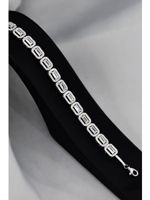 Papatya Silver 925 Ayar Gümüş Rodyum Kaplama Zirkon Baget Kare Taşlı Su Yolu Bileklik