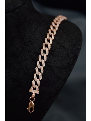 Papatya Silver 925 Ayar Gümüş Rose Kaplama Zirkon Taşlı Gurmet Zincir Bileklik