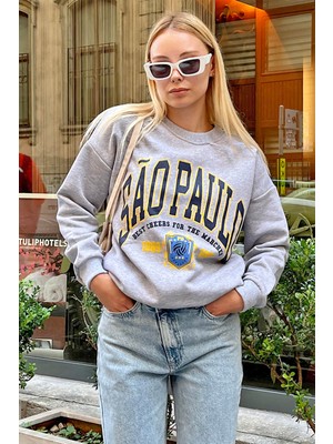 Swist Gri Sao Baskılı Içi Pamuklu Kadın Sweatshirt
