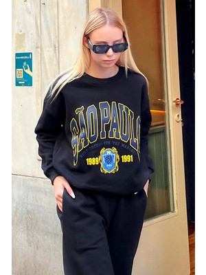 Swist Siyah Sao Baskılı Içi Pamuklu Kadın Sweatshirt