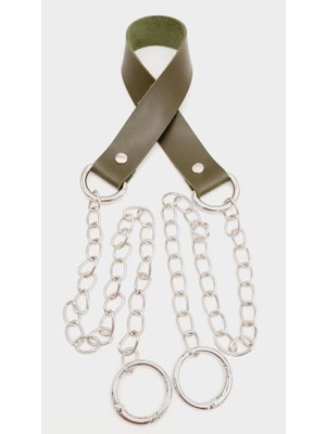 Angel Çanta Aksesuar Tek Kat Suni Deri Haki Renk Ince Zincirli Sap Gümüş Metal