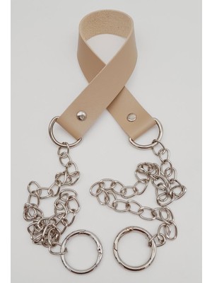 Angel Çanta Aksesuar Tek Kat Suni Deri Bej Renk Ince Zincirli Sap Gümüş Metal