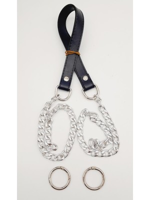 Angel Çanta Aksesuar Suni Deri Dikişli Gümüş Zincirli Lacivert Renk Çanta Sapı