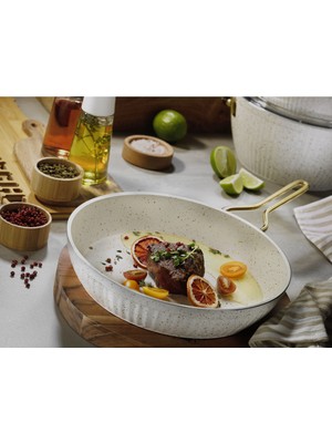 Lines Maya Granit Desenli Tava Altın Kulp - Beyaz - 24 cm