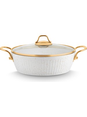 Lines Maya Granit Desenli Basık Tencere Altın Kulp - Beyaz - 28 cm