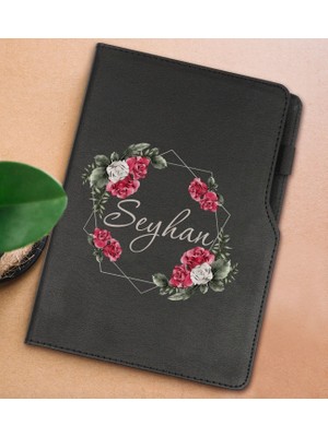 Bk Gift Kişiye Özel Çiçek Tasarımlı Siyah Termo Deri Not Defteri 15X21CM-15