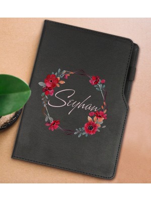 Bk Gift Kişiye Özel Çiçek Tasarımlı Siyah Termo Deri Not Defteri 15X21CM-27