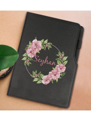 Bk Gift Kişiye Özel Çiçek Tasarımlı Siyah Termo Deri Not Defteri 15X21CM-17