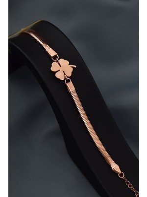 Papatya Silver 925 Ayar Gümüş Rose Kaplama Ezme Zincir Yonca Bileklik