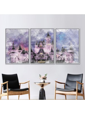 Kayra Export 3 Parçalı Beyaz Çerçeveli Kanvas Tablo Disneyland Kanvas Sanatı Kale Peyzajı Duvar Süsü