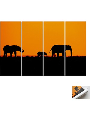 Kayra Export 4 Parçalı Poster Kanvas Tablo Fil Ailesi Hayvan Kanvas Sanatı Fil Silueti Sanat Eseri