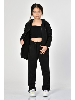Noori Cepli, Kapüşonlu, Fermuarlı Kız Çocuk Sweatshirt  - Siyah Siyah - 10-12 Yaş