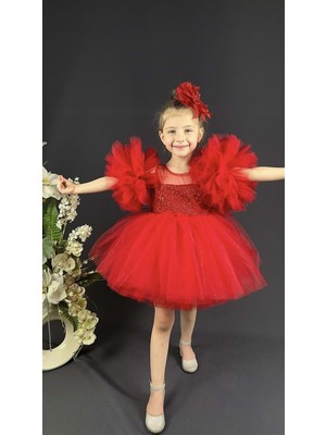 Buse & Eylül Bebe Kırmızı Ponpon Kollu Pullu Kız Çocuk Abiye