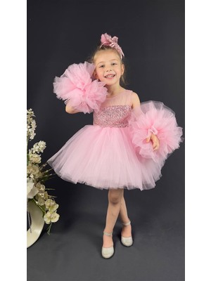 Buse & Eylül Bebe Pembe Ponpon Kollu Pullu Kız Çocuk Abiye