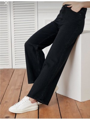 Trn JNS Solmayan Siyah Likralı Süper Yüksek Bel Salaş Jean Palazzo Pantolon. (Süper Yüksek.) Wide Leg.