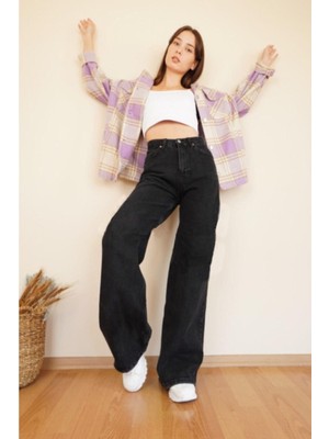 Trn JNS Alyona  Siyah Likralı  Salaş Wide Leg  Jean - Yüksek Bel Kot Pantolon