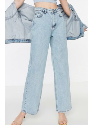 Livik Millka Mavi Wide Leg Etkili Fermuarlı Yüksek Bel Jeans Salaş Kot Pantolon