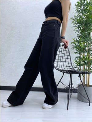 Trn JNS Siyah Süper Yüksek Bel Wide Leg Jeans Likralı Bol Paça Kot Pantolon