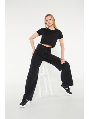 Trn JNS Kadın Siyah Yüksek Bel Geniş Paça Wide Leg Kot Pantolon