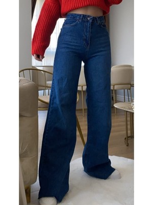 Livik  Adolphe-2 Koyu Mavi Yüksek Bel Bol Paça Likralı  Yumuşak Kot Pantolon- Wide Leg