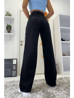 Livik  Lina Siyah Süper Yüksek Bel Wide Leg Jeans- Likralı Bol Paça Kot Pantolon