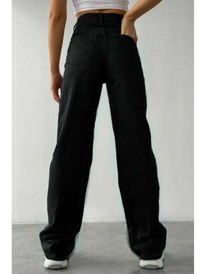 Livik Kadın Siyah Yüksek Bel Likralı Bol Paça Denim Kot Pantolon- Wide Leg