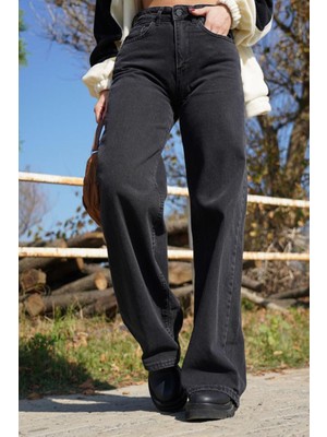 Livik Siyah Yüksek Bel Fermuarlı Wideleg  Jean Pantalon