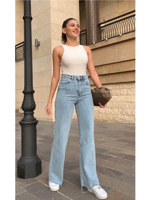 Livik  Kadın Anya Mavi Yüksek Bel Bol Paça Denim Kot Pantolon