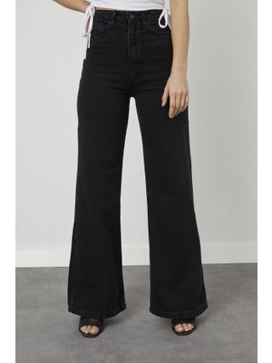 Trn JNS Kadın Siyah Yüksek Bel Geniş Paça Wide Leg Kot Pantolon