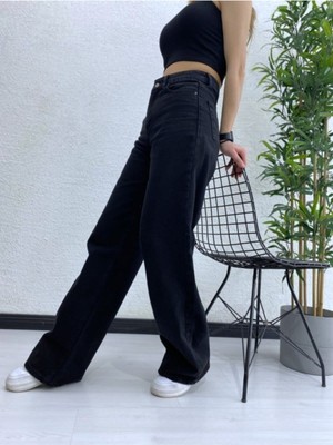 Livik  Solmaz Siyah Likralı Bol Paça Jean -Bol Wide Leg Kot Pantolon