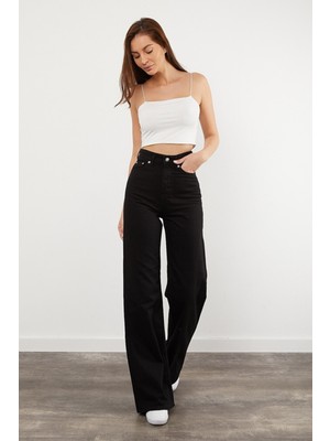 Livik Milano Solmayan Siyah Likralı Yüksek Bel S.a.l.a.ş.  Geniş Paça Jean- Wide Leg