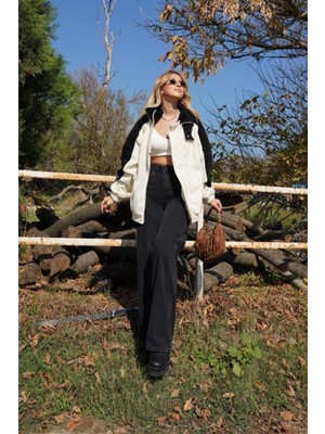 Livik   Adin Siyah Salaş Yüksek Bel Likralı  Geniş Paça Kot Pantolon