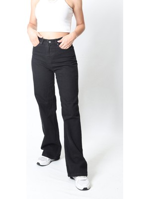 Trn JNS Siyah Likralı  Wide Leg Jeans  Süper Yüksek Bel Bol Paça Kot Pantolon